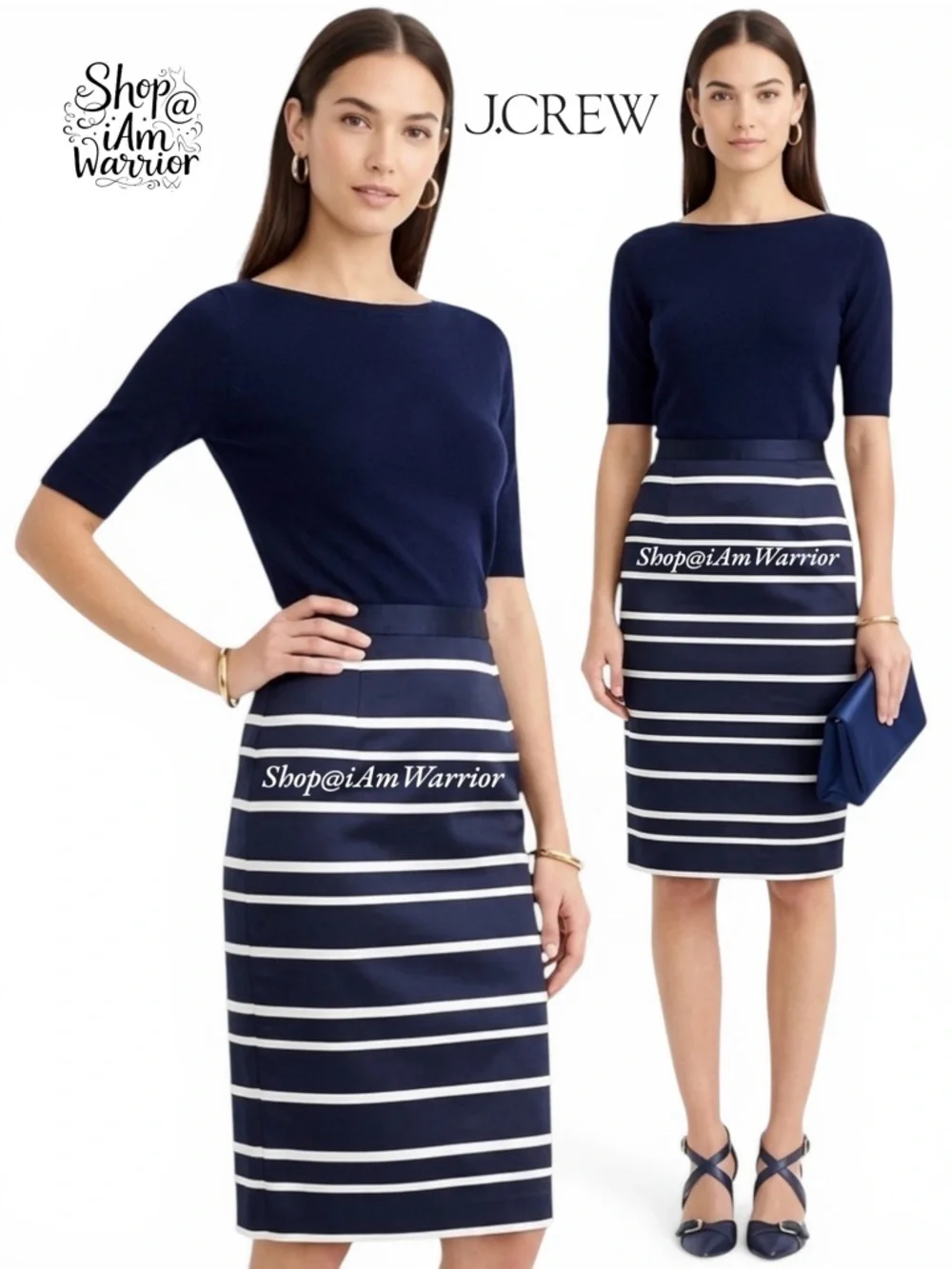 J.Crew navy blue & off white banded striped sleek pencil skirt *shop@iamwarrior